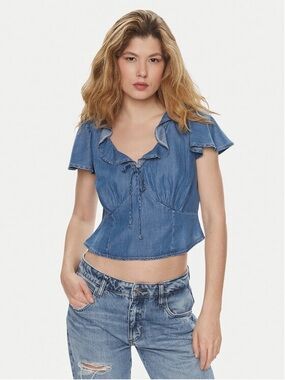NWT Sold Out Levi’s Mylene Ruffle V-Neck Babydoll Blouse Blue Denim Chambray
